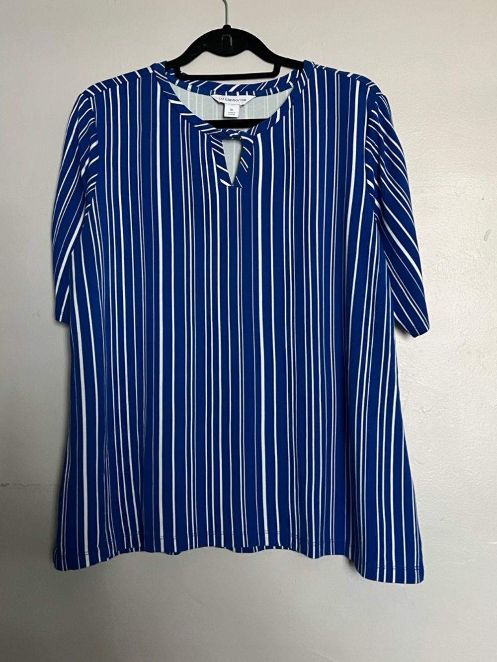 Liz Claiborne Striped Blouse Blue White Tie Neck Short Sleeve Size XL